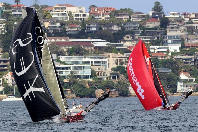 Compassmarkets grabs second place just ahead of Smeg on the run to the finish - JJ Giltinan 18ft Skiff Championship © Frank Quealey /Australian 18 Footers League http://www.18footers.com.au